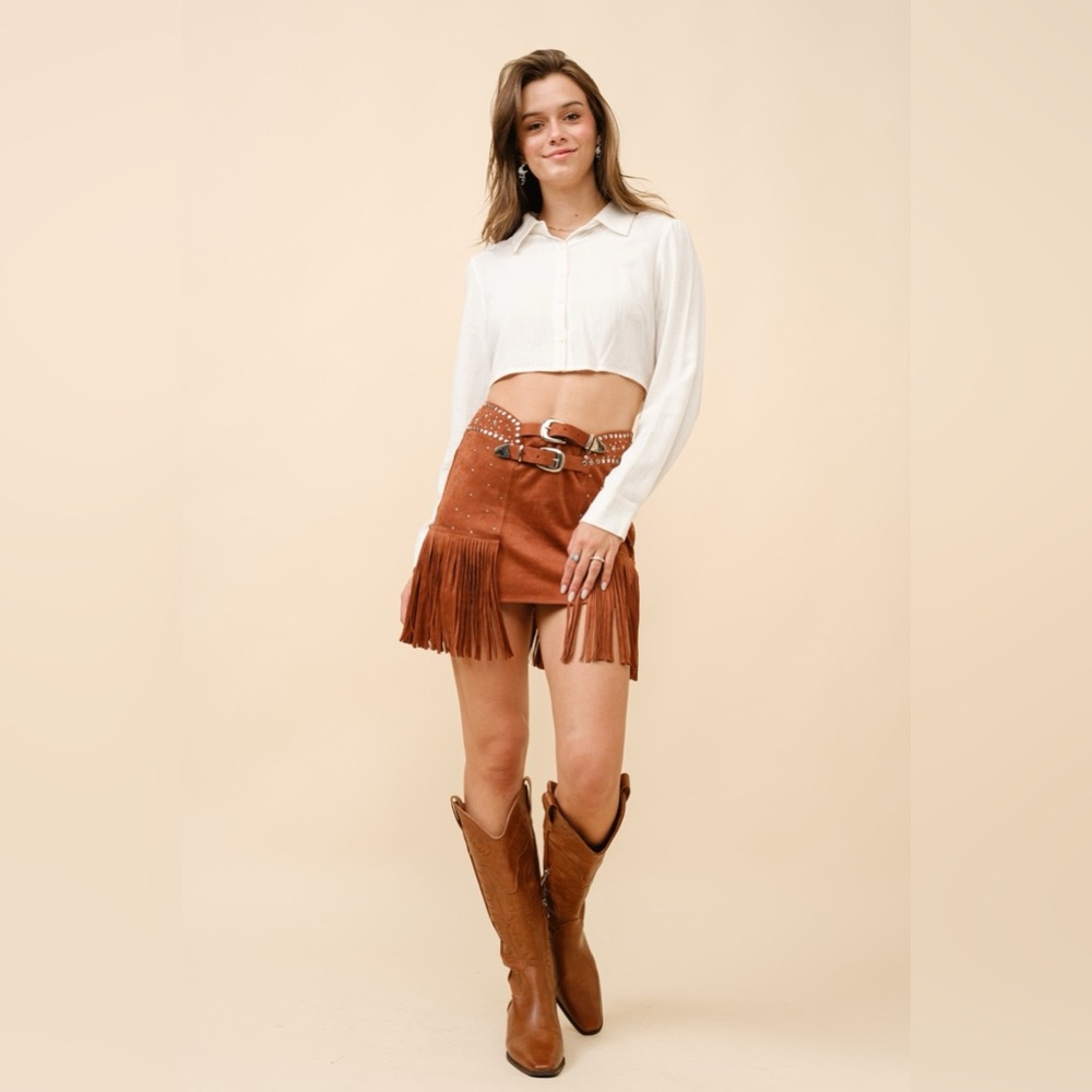 Double Belted Star Studded Suede Fringe Mini Skirt - Picture 5 of 7